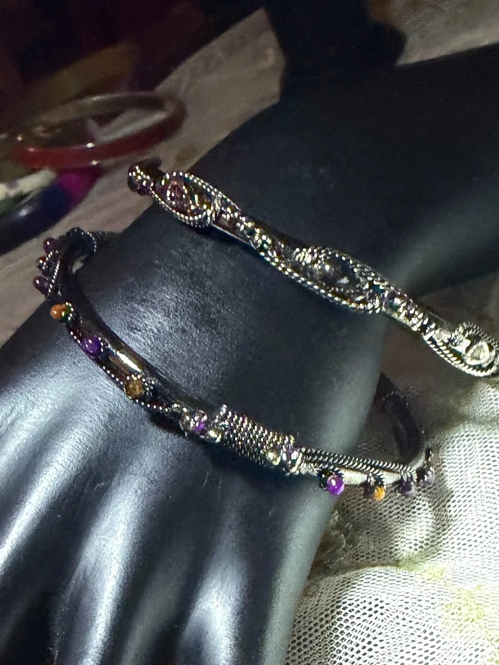 Vintage Gothic Twisted Metal and Jeweled Bangle Bracelet set